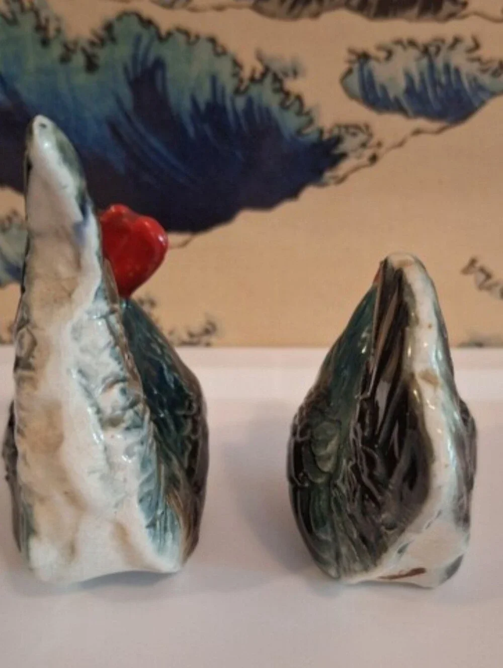 Source Unknown Blue and Red Ceramic Rooster Salt & Pepper Shakers